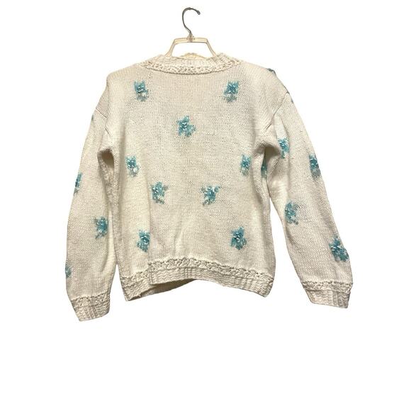 Vintage Jennifer Reed Hand Knit Cardigan Women Size Medium White Floral Blue 3D - Picture 2 of 9